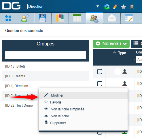 Gestion des accès aux groupes de contact